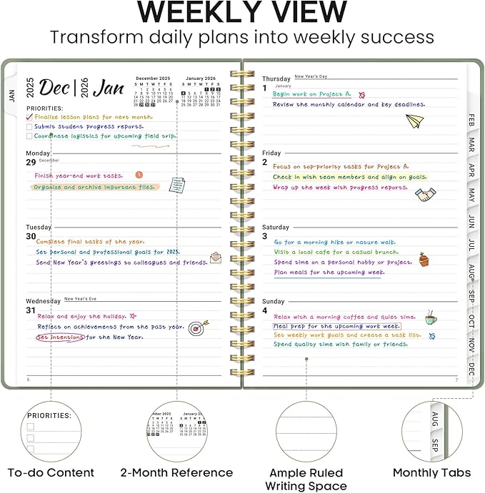 2026 Planner, Weekly and Monthly Calendar Planner Book, January 2026 - December 2026, Hardcover Spiral Planner with Monthly Tabs, Notes Pages, Perfect for Women & Men, A5 (6.4" x 8.5") - Green