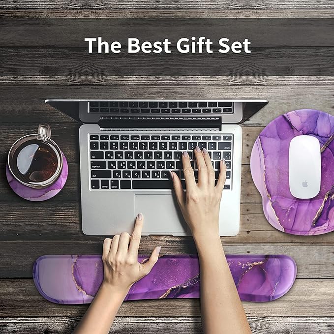 iCasso Purple Ergonomic Large Mouse Pad with Wrist Support, 4in1 XXL Desk Mat Set- Keyboard Wrist Rest + Mouse Wrist Rest + Coaster, Marble Style Desk Pad Mousepad
