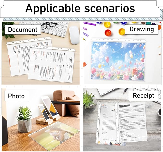 A4 Clear Sheet Protectors 11.89 x 9.17in,80 Punched Pocket with Sticky Tabs,120 Micron Heavy Duty Binder Sleeves 11-Hole Plastic Page Protectors Sheet Top Loaded for 2/3/4 Ring Binder Fits A4 Paper