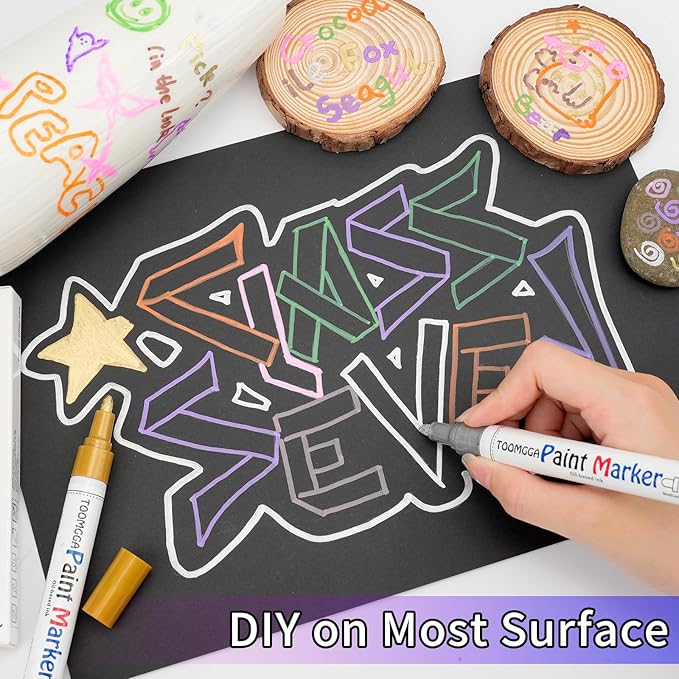 Gold and Silver Permanent Paint Pens - 2 Pack Oil Based Paint Markers, Pens for Rock Painting Car Tyre Metal, Plastic, Canvas, Mugs, Wood, Glass, Quick Drying and Waterproof, Medium Point