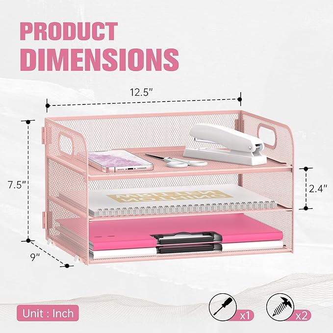 Daltack 3-Tier Paper Organizer with Handle, Mesh Desk Organizer Letter Tray, Paper Tray Organizer File Organizer for A4 File Folder, Pink