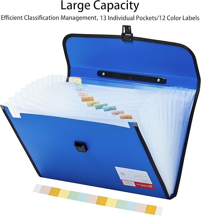 JIZISO Legal Size 13 Pocket Accordian File Organizer Expanding File Folder for FC A4 Paper, Briefcase File Case with Durable Handle & Buckle Closure for School Home & Business (Blue-2)