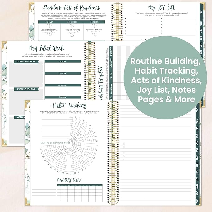 bloom daily planners 2025-2026 Hardcover Academic Year Goal & Vision Planner (July 2025 - July 2026) - Monthly & Weekly Calendar Agenda Organizer - 7.5" x 9" - Eucalyptus, White