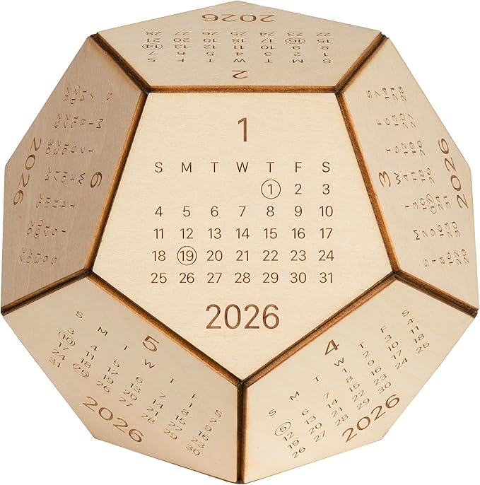 2026 Desk Calendar Wood Dodecahedron, DnD Gifts for Men, Funny Office Gifts for Coworkers, Unique Mens Desk Accessories, Christmas Gift Ideas for Boss Male, Employee, White Elephant Exchange