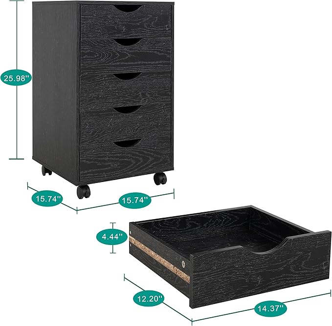 Naomi Home 5 Drawer Office Storage File Cabinet Under Desk Cabinets for Organization Filing with Wheels, Printer Stand Storage, 180 lbs Capacity, Distressed Black (11397AM)