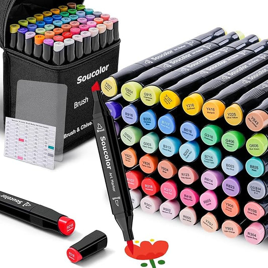 Soucolor 51 Colors Alcohol Markers Brush Tip, Dual Tip Brush Art Markers, 50 Colors+1 Blender, Art Supplies for Kids Artists Adults Coloring Books Drawing Sketching Painting, Birthday Christmas Gift