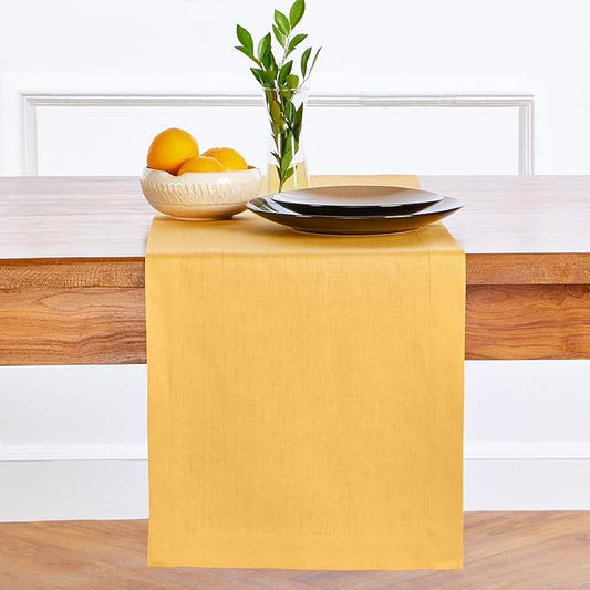Solino Home Linen Mustard Yellow Table Runner 72 Inches Long - 100% Pure Linen 14 x 72 Inch Table Runner for Thanksgiving - Fete