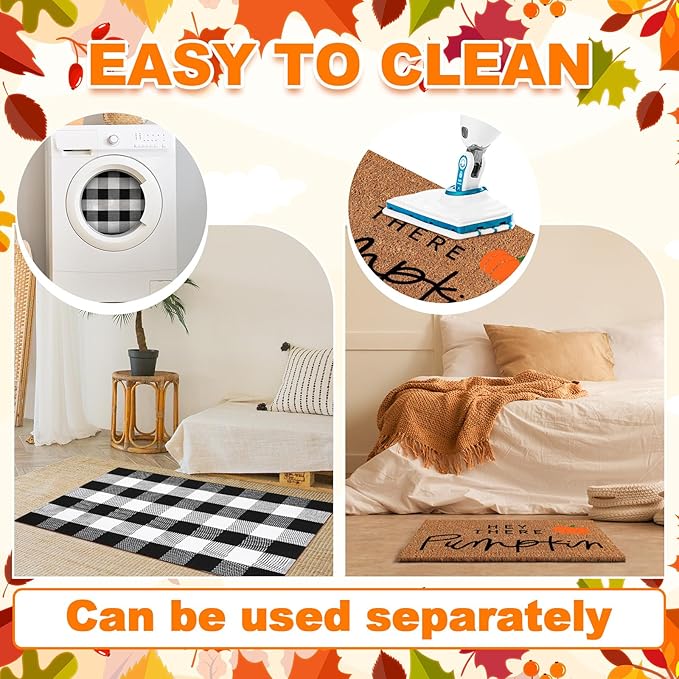 2 Pcs Fall Coir Doormat Outdoor Hey Pumpkin Welcome Outdoor Rugs for Layered Buffalo Black White Plaid Mats for Thanksgiving Autumn Fall Front Door Porch Entryway Decor