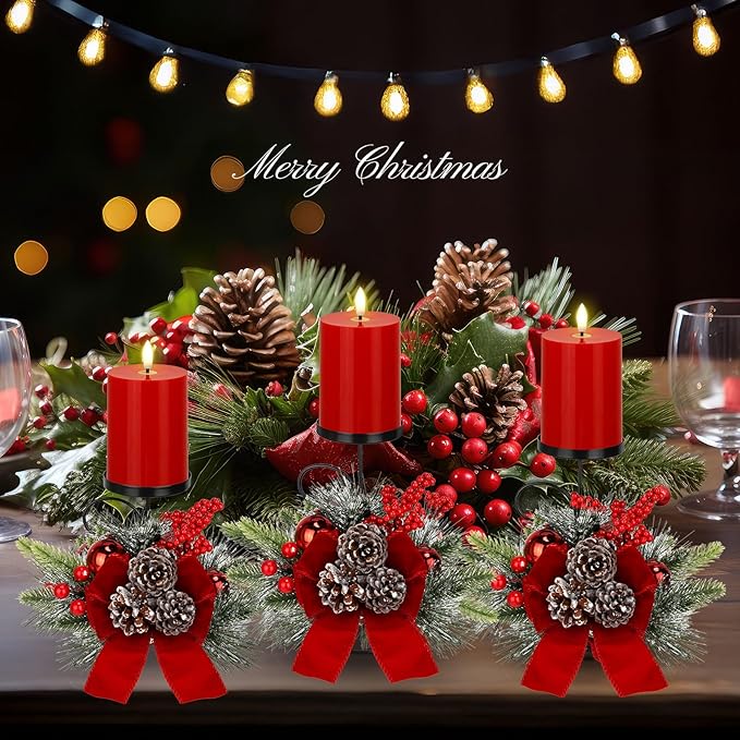 Yunlly Set of 3 Christmas Centerpiece Candleholder with Flameless Candlelights, Xmas Ball Adorned Candelabrum for Xmas Family Party Holiday Table Mantle Decoration