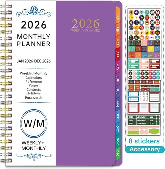 2026 WeeklyMonthlyand Yearly Planning Calendar with 8 Stickers, 6" x 8.25" Planner, Softcover, Spiral Bound, Laminated Labels, Laurel Series (Purple)