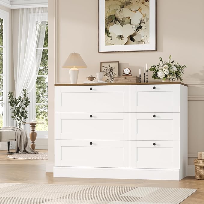 HOSTACK 6 Drawer Dresser, White Dresser for Bedroom, Wood Wide Chest of Drawers, Modern Farmhouse Drawer Chest for Living Room, Hallway, Entryway, White/Rustic Brown