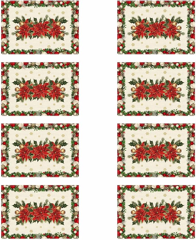 XCHI Christmas Poinsettias Leaves Bells Snowflakes Winter Xmas Placemats Set of 8 Table Mats for Party Home Kitchen Dining Table Decorations 12x18 Inch