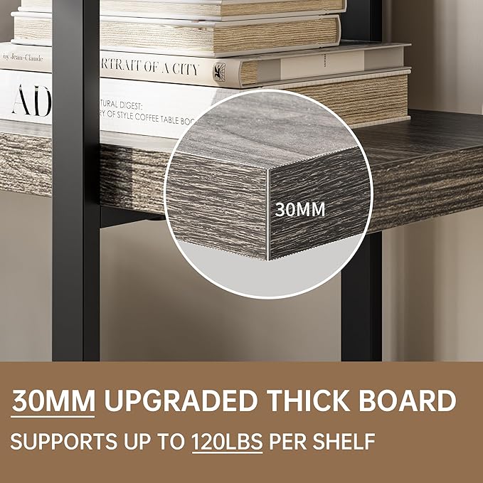 Heavy Duty 5-Tier Industrial Bookcase, 47" Wide Wood Bookshelf for Home Office, 120lbs Shelf Capacity, Rustic Shelving Display with Reinforced Horizontal Shelf for Living Room Bedroom,Grey