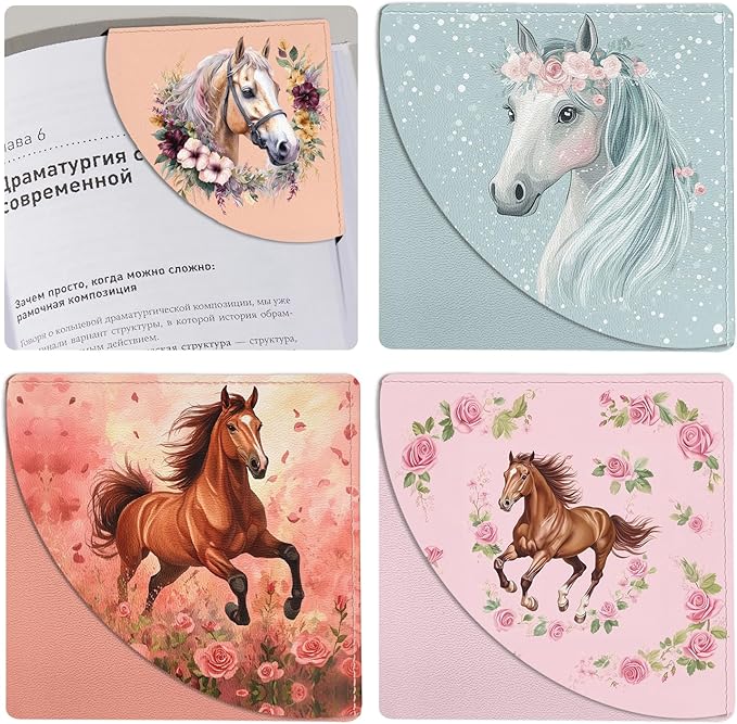 Horse Corner Bookmarks Kids 4 Pcs, Watercolor Flower Leather Book Accessories for Book Lovers, Cute Animal Reading Book Page Markers for Women Men Girls Boys School Student Teacher
