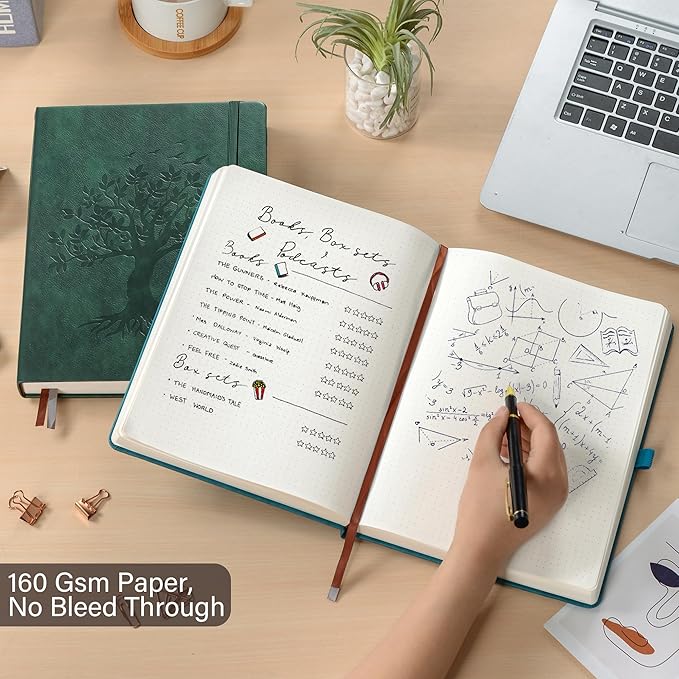 ZXHQ A5 Bullet Dotted Journal Notebook - 150 gsm Thick Paper, 256 Pages, Dot Grid Hardcover, Tree of Life Design, Fine Inner Pocket - 5.9" × 8.5" Dark Green