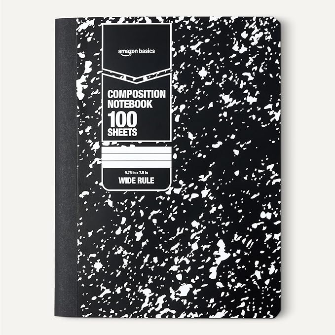 Amazon Basics Composition Notebook, Wide Ruled, 100 Sheets, 12 pack, Marble Black, 9.75" x 7.5"