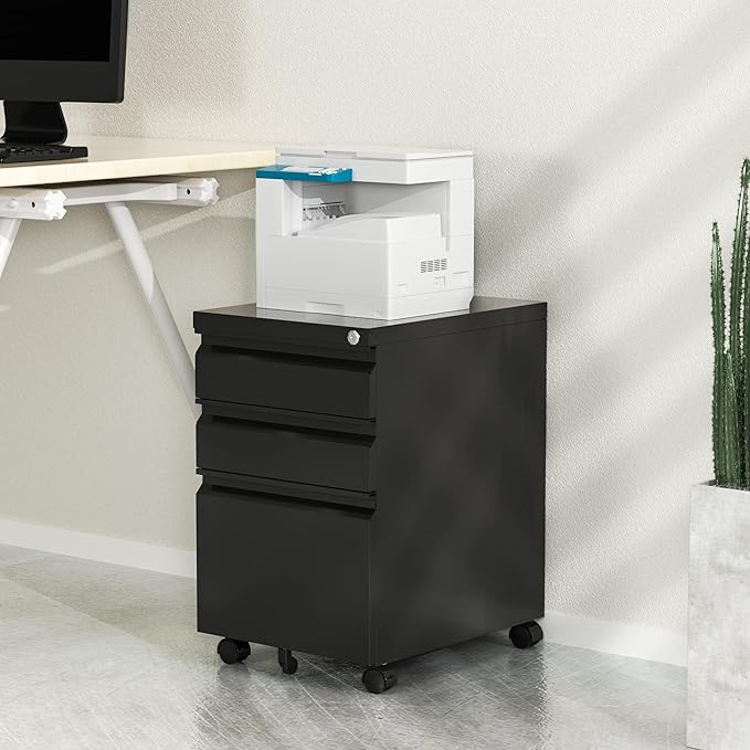 Mobile File Cabinet with Lock, 3 Drawer File Cabinet for Home Office, Rolling File Cabinet, Under Desk Locking Filing Cabinet on Wheels for Legal/Letter/A4 File, Fully Assembled, Black