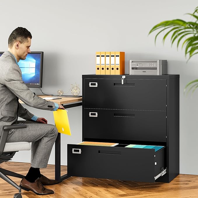 SISESOL 3 Drawer Lateral File Cabinet with Lock,Black Lateral Filing Cabinet,Horizontal Metal Filing Cabinet,Locked Wide Three Drawer File Cabinet for Office Home,Fit A4/F4/Letter/Legal File