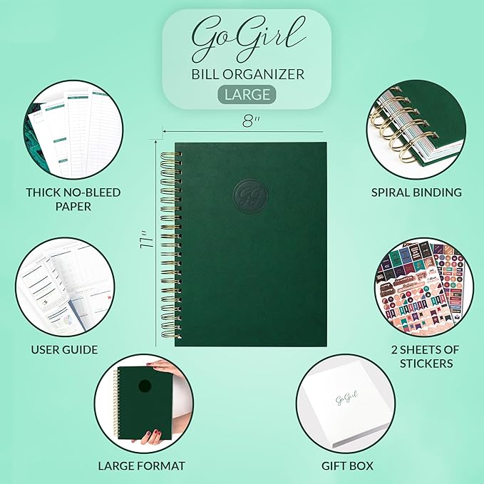 GoGirl Budget Planner & Monthly Bill Organizer – Monthly Financial Book with Pockets. Expense Tracker Notebook Journal, Large (Dark Green)