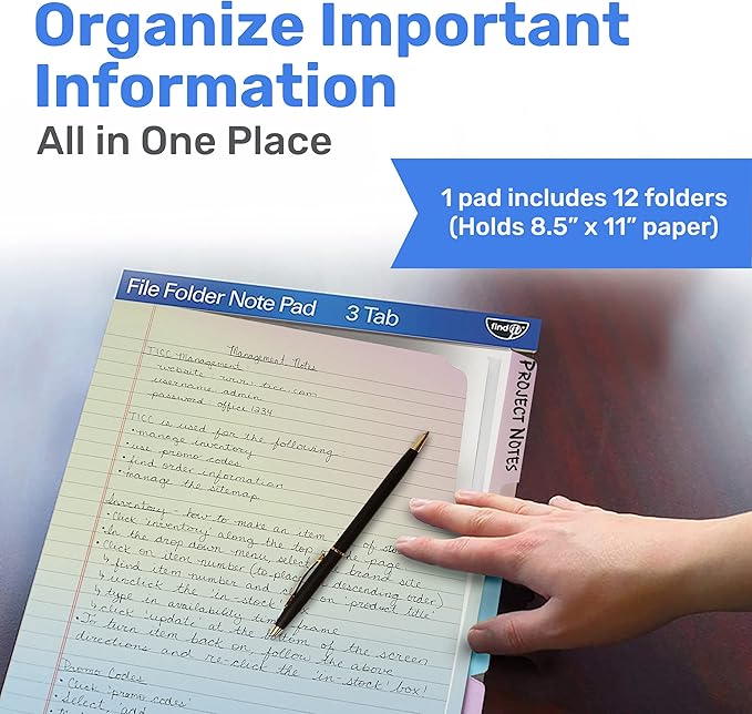 Find It File Folder Notepad - Pack of 12-9.5 x 12.5 Inch Notebook Organizer Folders for Filing, Document, and Clipboard Organization - Rainbow