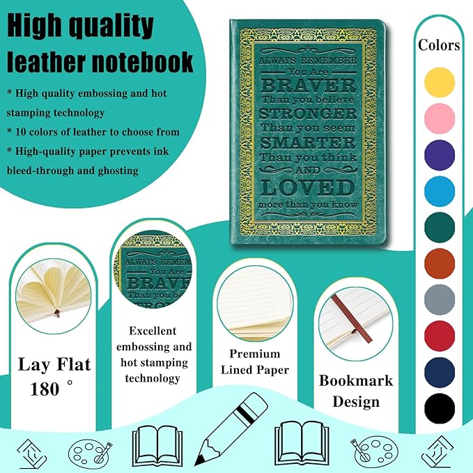 Green A5 Lined Leather Journal Notebook,Inspirational Leather Journal Notebook for Men Women,200 Pages 100 Gsm Thick Ruled Paper Daily Diary for School,Travel,Business,Work (Green)