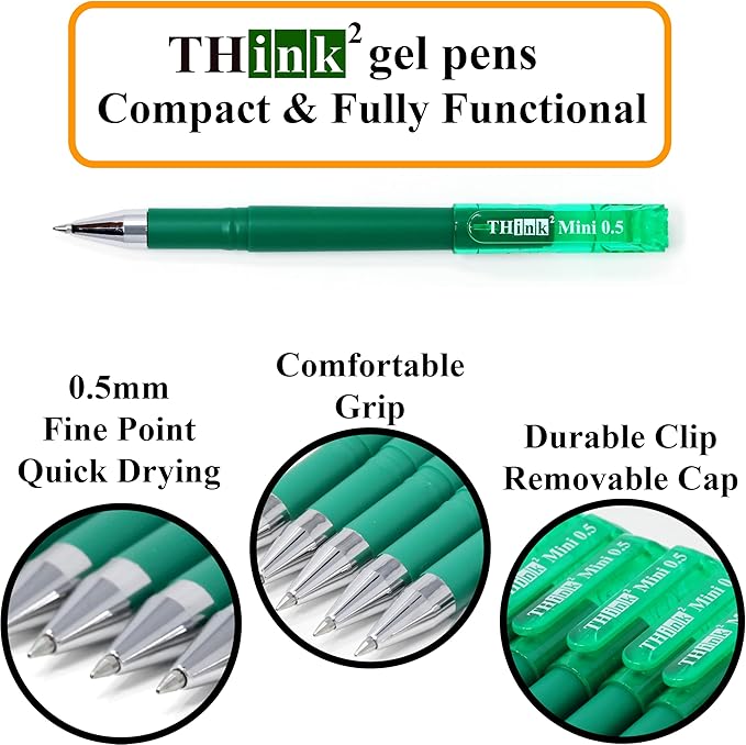 THINK2MASTER [24 Pens - Green Ink Think2 0.5mm Pocketable Mini Gel Pens. (24 Green) Fine Point Small Rollerball Pens with Smooth Quick Drying Ink.