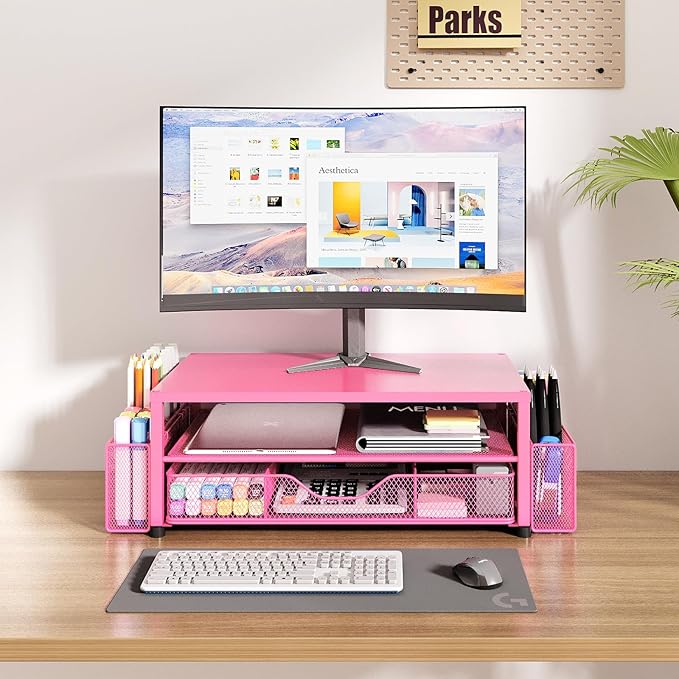 Desk Organizer and Accessories, 2-Tier Computer Monitor Stand with Drawer and 2 Pen Holders, Laptop Stand, Office Desk Accessories for Office Supplies, Carmine Rose