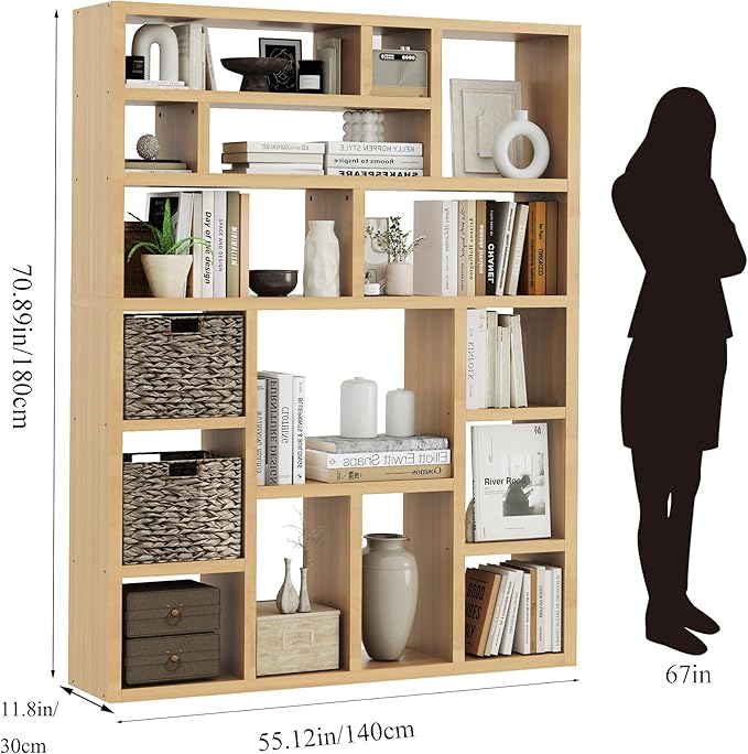 BLANKSPACE 71 Inch Tall Wooden Bookcase, 6-Tier Heavy Duty Storage Shelf with Foldable Storage Baskets - Freestanding Open Shelves for Living Room, Bedroom, Yuzu Oak