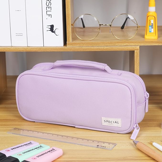 MAMUNU Pencil Case Large Capacity with 3 Compartments, Pencil Case Pouch Bag with Zipper Handle Portable Pen Stationery Organizer for Teen Girls Adults College School Office Travel, Purple