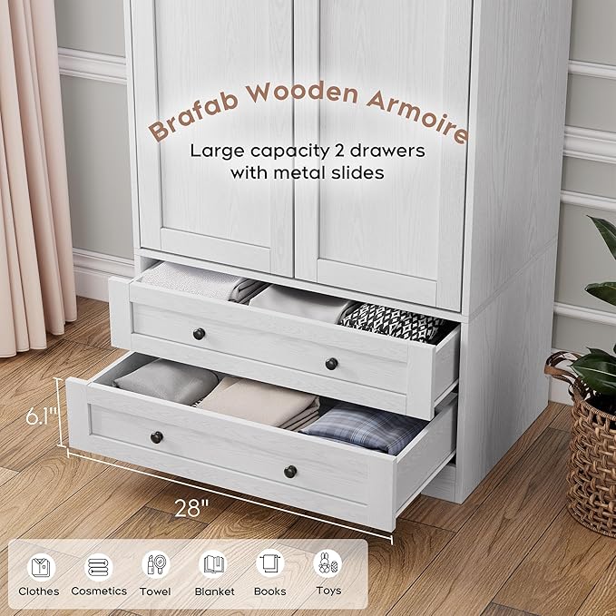 Brafab Armoire Wardrobe Closet with 2 Modern Doors, 71" Tall Freestanding Closet Wardrobe Cabinet with Drawers and Hanging Rail, Light Wooden Storage Cabinet with Shelve for Bedroom (White, 4 Doors)