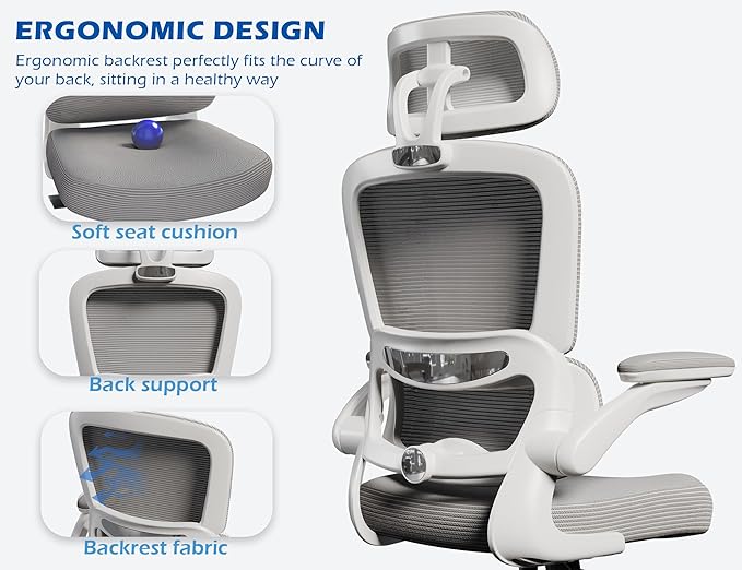 TRALT Ergonomic Office Chair - Desk Chair with Adjustable Headrest Lumbar Support Computer Chair - Mesh Comfy Chair with Flip-up Armrests - Gaming Chairs for Adults Home Office (Leather, Grey)