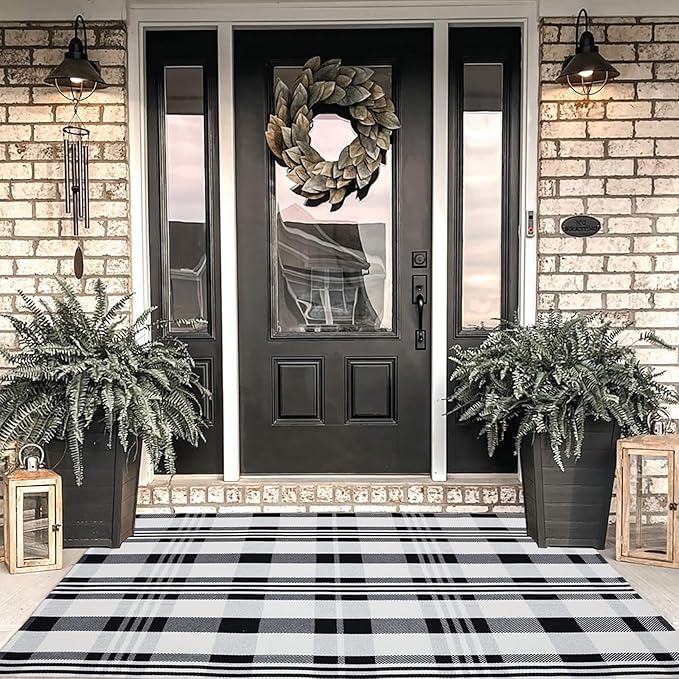 Fall Décor Plaid Rug, 4' x 6' Black&White Check Indoor/Outdoor Area Rug, Layering Rug for Hello/Welcome Door Mat, Machine Washable Cotton Woven Rugs for Farmhouse Front Porch, Entryway