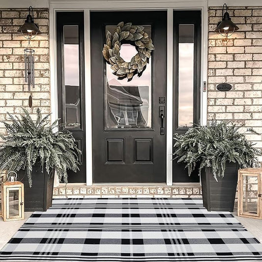 Fall Décor Plaid Rug, 4' x 6' Black&White Check Indoor/Outdoor Area Rug, Layering Rug for Hello/Welcome Door Mat, Machine Washable Cotton Woven Rugs for Farmhouse Front Porch, Entryway