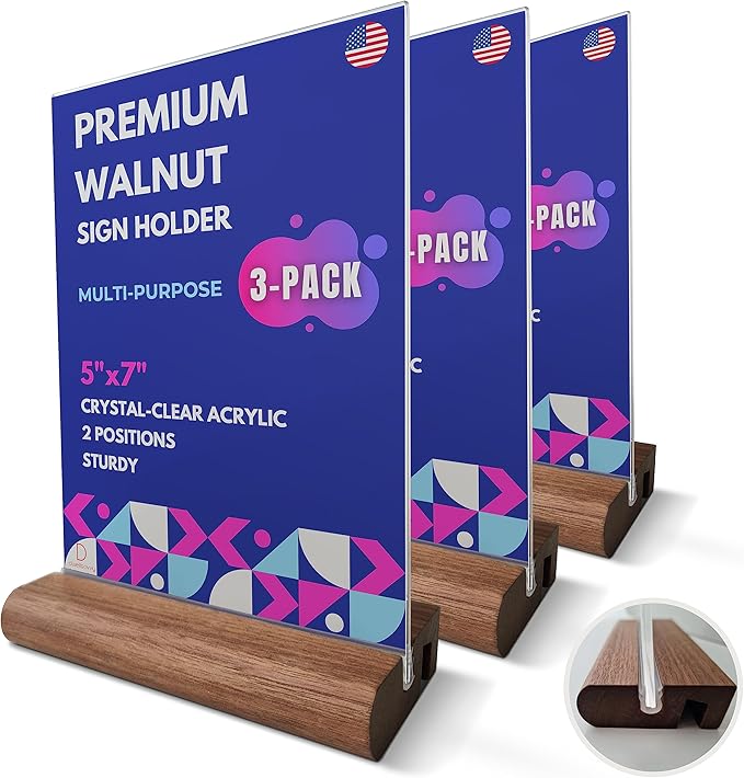 Acrylic Sign Holder 5x7" [3-PACK] | Walnut Wood Base and Crystal-Clear Acrylic Frame: Double-Sided Tabletop Display. Menu Holder, Picture Frame, Store Sign, Display Stand or Booth Display.