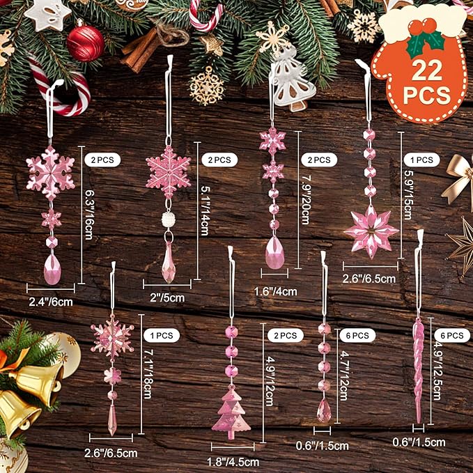 Lanpn 22pcs Christmas Ornaments Crystal Christmas Tree Decoration, Hanging Clear Acrylic Snowflake Icicle Drop Crystal Pendants for Xmas Tree Winter New Year Outdoor Indoor Party Decoration (Pink)