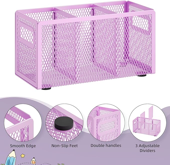 Marbrasse Mesh Pen Holder for Desk,Pencil Holder Desk Organizer 3 Adjustable Compartments,Pencil Cup with Handle Perfect for Classroom, Office, Home,Makeup,Art (Purple)