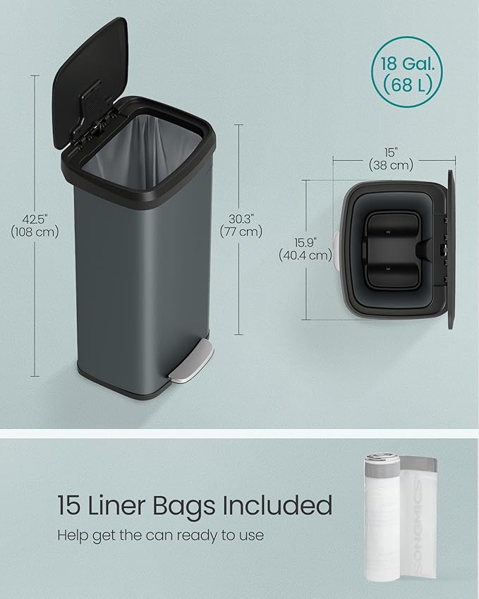 SONGMICS Kitchen Trash Can, 18-Gallon Stainless Steel Garbage Can, with Stay-Open Lid and Step-on Pedal, Soft Closure, Tall, Large and Space-Saving, Charcoal Gray and Black ULTB520G01