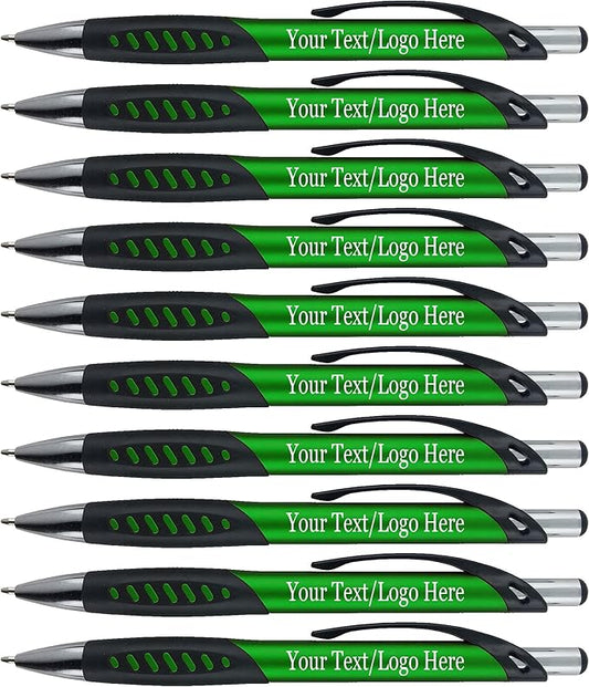 SyPen Promotional Pens With your Custom Logo or Text-300 Pack Bulk-for Businesses, Parties, and Events, Custom Printed Metallic/Colored Click Action Ballpoint Pens, Rubber Grip, Black Ink, Dark Green