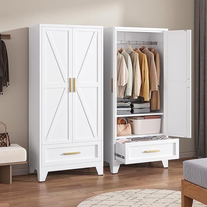 71" Tall Metal Wardrobe Cabinet with Drawer and Hanging Rod, 2 Doors Armoire Wardrobe Closet with Shelf for Bedroom, Office, Laundry Room, White
