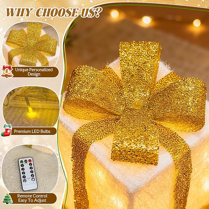 Set of 3 Christmas Lighted Gift Boxes, Large Gift Boxes for Christmas Decorations Outdoor, 50 LED Xmas Box Decorations, Plug-in Warm White Present Box for Indoor/Outdoor, Xmas Tree, Home