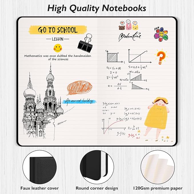 Huhuhero Lined Journal Notebook, 5 Pack Black Hardcover Notebooks for Work Women Men, 120Gsm Thick Paper Leather Journals for Writing Note Taking Business, Journaling School Supplies 5"×8.25"