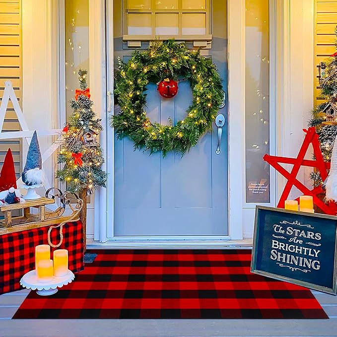 Ckorzen Red and Black Plaid Rug, 3' x 5' Christmas Front Porch Outdoor Rug, Handwoven Cotton Washable Rug for Layered Door Mats, Holiday Entryway and Home Décor