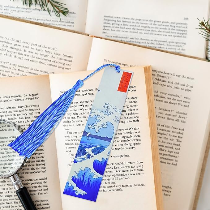Metal Bookmark Japanese Waves Bookmarks for Women Men Book Lovers Book Mark Set of 2 with Tassel Reading Book Accessories Book Marks for Reading Women Men Book Lovers Gifts
