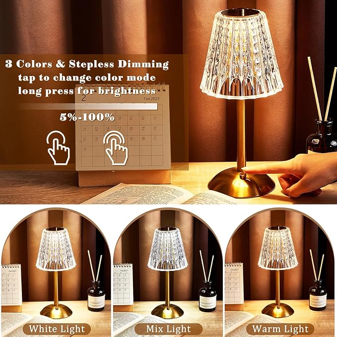 Liliful 2 Pcs LED Portable Cordless Table Lamp Touch Battery Operated Rechargeable Gold Desk Lamp 3 Color Dimmable for Bedroom Living Room Dining (Gold,Classic Style)