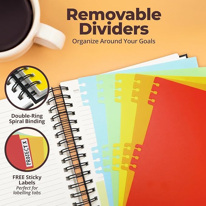 Hardcover Leather Lined Spiral Notebook 8x10" with Removable Dividers - Black - 300 Pages 5 Subject College Ruled Notebook for Work with Tabs, Pockets, and Pen Loop for Note Taking, Large Journal