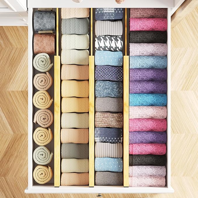 SpaceAid Bamboo Dresser Drawer Dividers 6 Pack, 4.65“ High Adjustable 17“-22” Drawer Organizers, Expandable Organization for Clothing, Clothes, Dressers, Natural