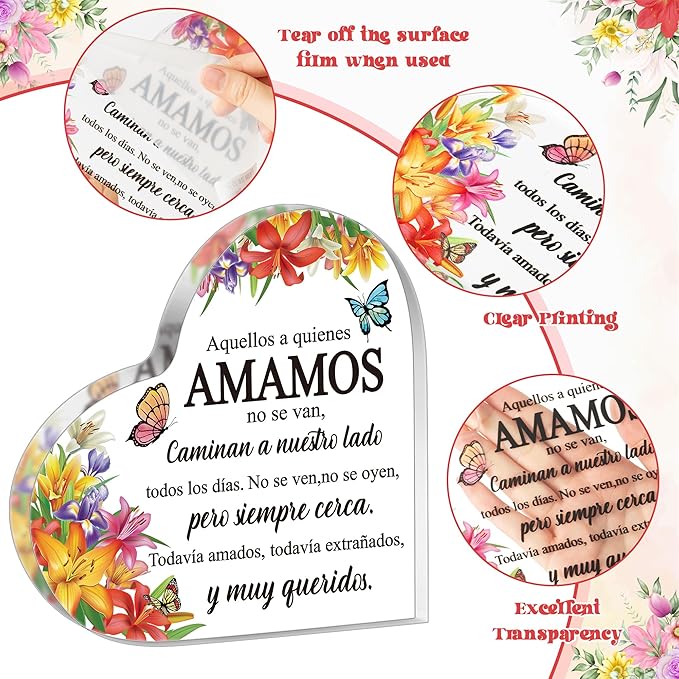 Yopyame Spanish Sympathy Bereavement Gifts - Acrylic Heart Memorial Gift for Loss of Loved One Bereavement Condolences Grief Acrylic Keepsake Paperweight for Family Friend Remembrance Table Decor