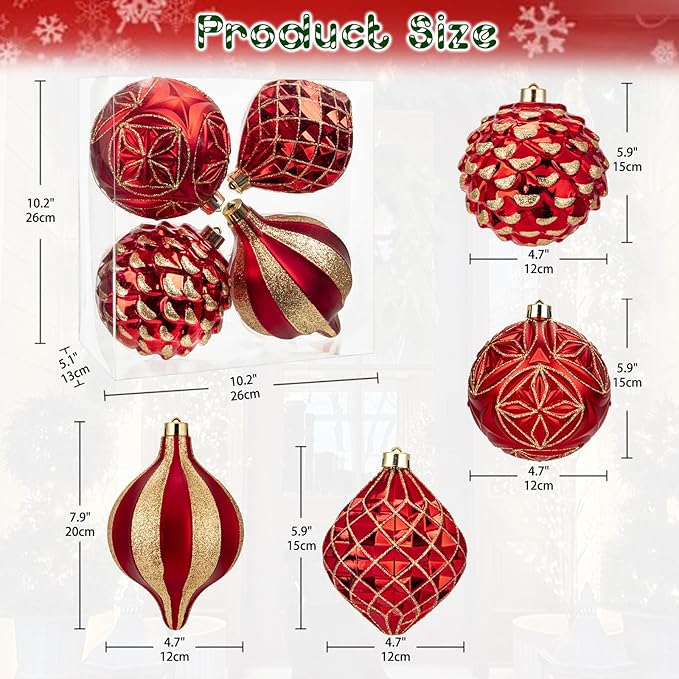 Hollyone 4.7 Inch Large Red and Gold Christmas Ornaments 4Pcs Balls Ornaments Shatterproof Christmas Hanging Ornaments for Xmas Tree Decor with Hook Wedding Party Wreath Home Decor (Red & Gold, 120mm)