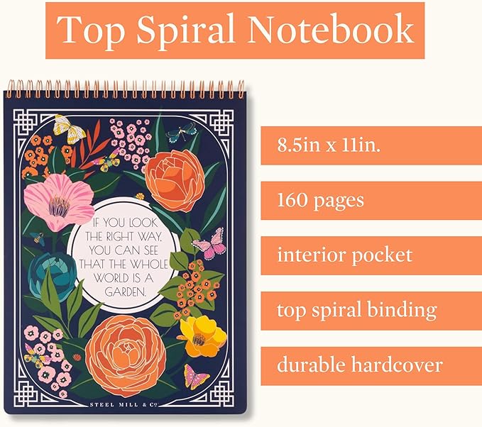 Steel Mill & Co Large Top Spiral Notebook College Ruled, 11" x 8.5" with Durable Hardcover and 160 Lined Pages (The Secret Garden)