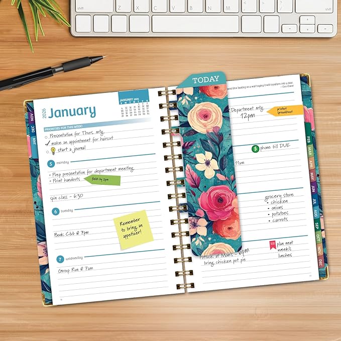 HARDCOVER 2026 Planner, 5.5"x8": 14 Months (November 2025 - December 2026), Daily Weekly Monthly Planner, Yearly Agenda, Bookmark, Pocket Folder and Sticky Note Set (Teal Floral)